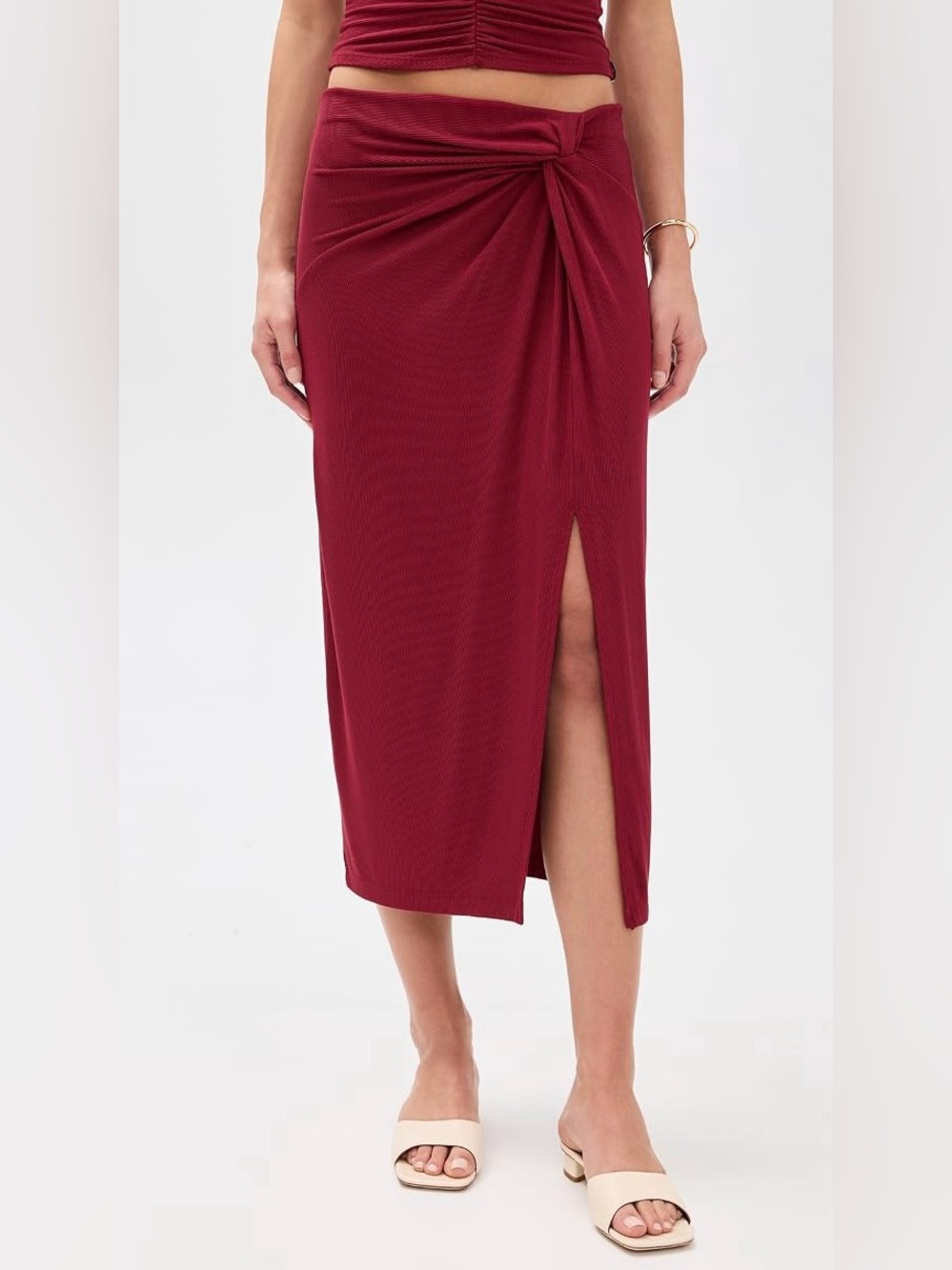 Stateside Women's 2X1 Fine Rib Twist Waist Tulip Skirt in Ruby